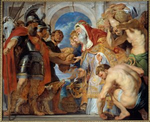 Abraham und Melchisedech. Nach einer siegreichen Kampagne traf Abraham Melchisedech (Melchisedec oder Melchizedek), König von Salem, der ihm Brot und Wein brachte. Er war ein Priester und sprach diesen Segen aus