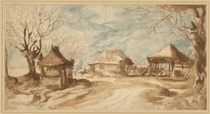 Bauernhaus mit drei Strohscheunen