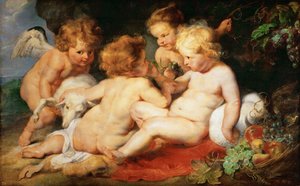 Christus und Johannes der Täufer als Kinder mit zwei Engeln