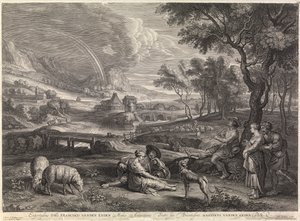 Landschaft mit Regenbogen und einem Hirten