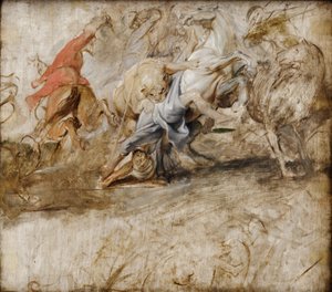 Löwenjagd (Ölskizze); Rückseite: Vermählung in Procuratione (Skizze zum Medici-Zyklus) von Peter Paul Rubens