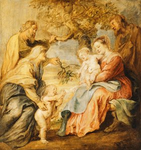 Die Heilige Familie besucht von den Heiligen Elisabeth, Zacharias und dem kleinen Johannes dem Täufer