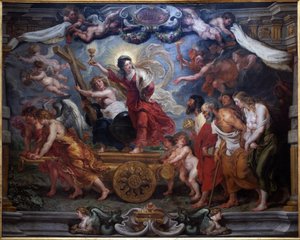 Der Triumph des katholischen Glaubens. Allegorie des Triumphs der Eucharistie über Natur, Wissenschaft, Philosophie und Poesie. Eine Frau auf einem Wagen hält einen Kelch mit einer Hostie, Symbol der Eucharistie. Engel halten Symbole der Passion: Kreuz, Do