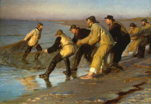 Fischer ziehen am Strand von Skagen Netze
