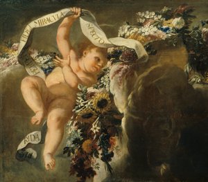 Putto mit Blumengewinde und Spruchband von Peter Strudel