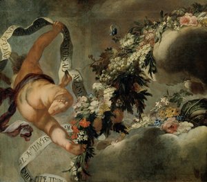 Putto mit Blumengewinde und Spruchband