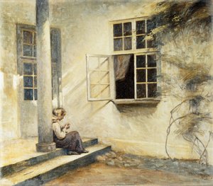 Ein Mädchen, das auf einer Veranda sitzt, Liselund