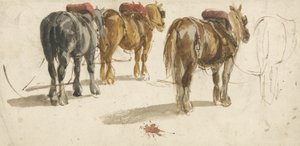 Drei Kaltblüter im Geschirr, Rückansicht
