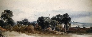 Bewaldete Landschaft mit Hütten
