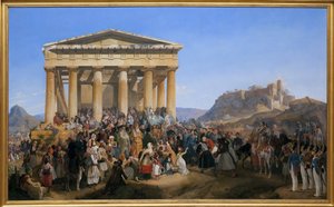 Der Einzug von König Othon I. von Griechenland (1815-1876) in Athen, begrüßt von der Menge vor dem Tempel des Hephaistos (Hephaisteion) oder Theseion auf der Agora von Peter von Hess
