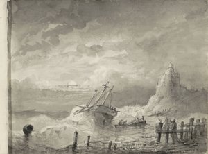 Schiff in Not vor einer Küste von Petrus Johannes Schotel (circle of)