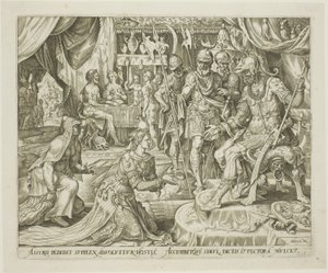Judith wird Holofernes vorgestellt, Platte fünf aus Die Geschichte von Judith und Holofernes von Philip Galle