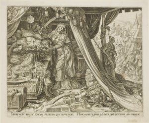 Judith tötet Holofernes, Platte sechs aus Die Geschichte von Judith und Holofernes von Philip Galle