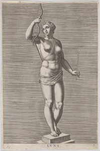 Tafel 7: Diana, Statue der nackten Göttin, die auf einem Sockel steht und einen Halbmond trägt, 1586