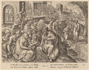 Der heilige Paulus spricht zu den Frauen von Philippi an einem Fluss von Philip Galle after Jan van der Straet