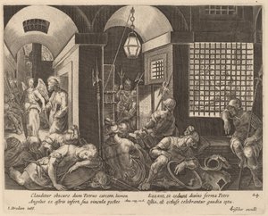 Der heilige Petrus wird von einem Engel aus dem Gefängnis befreit von Philip Galle after Jan van der Straet
