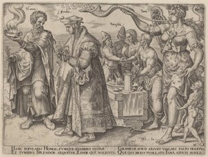 Ehre, Glanz, Parasiti, Fama (Die trügerischen Wirkungen des Reichtums) von Philip Galle, after Maerten van Heemskerck