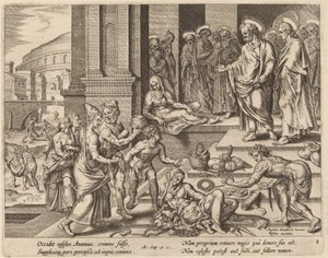 Die Tode von Ananias und Saphira von Philip Galle after Maerten van Heemskerck
