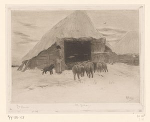 Hirte führt eine Schafherde in eine Scheune von Philip Zilcken (signed by artist)