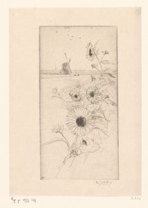 Sonnenblumen vor einer Weidelandschaft mit Pferden und Mühle