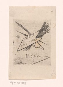 Ex Libris mit Federn, Pinseln und Palette
