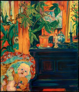 Interieur mit Kind in der Wiege, (Kind in der Wiege) von Philipp Bauknecht