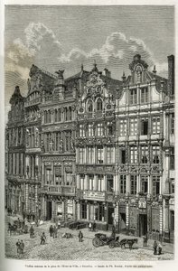 Alte Häuser auf dem Rathausplatz in Brüssel. Gravur von Ph. Benoist, zur Illustration der Geschichte Belgiens von Camille Lemonnier, veröffentlicht in Le tour du monde, unter der Leitung von Edouard Charton (1807-1890), Paris von Philippe Benoist