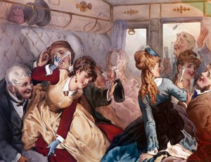 Der Vergnügungszug Eine Gruppe von Bürgern trinkt und unterhält sich in einem Wagen. Lithographie von Philippe Jacques Linder von Philippe Jacques Linder