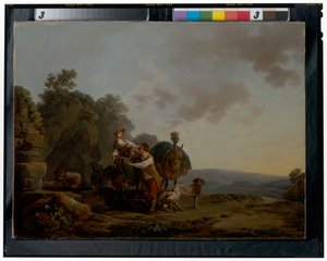 Reisende mit Hunden und schwer beladenen Maultieren an einem Brunnen von Philippe Jacques de Loutherbourg
