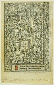 Das Martyrium des Heiligen Johannes des Evangelisten (recto) und Dezemberkalender (verso), aus dem Stundenbuch von Philippe Pigouchet