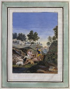 Daphnis und Chloe befreien Dorcon von ihren Hunden. Illustration aus Les Amours pastorales de Daphnis et Chloe, 1787 von Philippe d