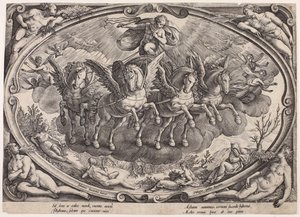 Apollo (Sol) mit dem Sonnenwagen (Die vier Jahreszeiten mit der Sonne, Titelblatt) von Philips Galle