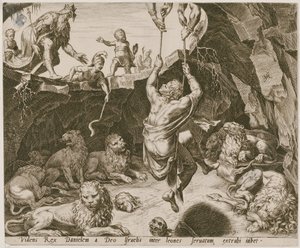 Daniel wird aus der Löwengrube befreit, Blatt 9 der Folge "Die Geschichte von Daniel, Bel und dem Drachen" von Philips Galle