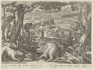 Treibjagd auf Wildschweine
Jagdszenen (Serientitel)
In quibus omne genus venationis, aucupij, piscatusque (Serientitel) von Philips Galle