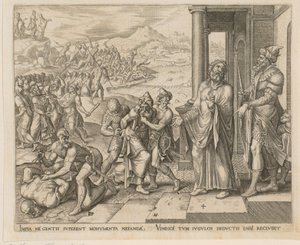 Ergreifung und Tötung der Priester Baals, Blatt 4 der Folge "Die Geschichte von Elias und den Priestern von Baal" von Philips Galle