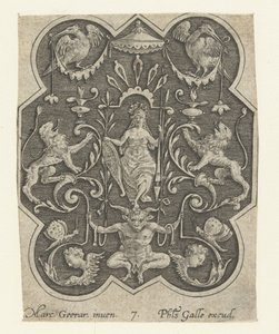 Helmtragende Frau mit Schild und Speer
