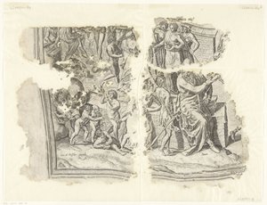 Linke untere Ecke einer Druckgrafik der Szene von Cebes (Tabula Cebetis Carta Vitae)