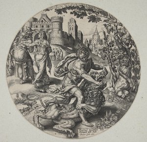 Samson zerreißt den Löwen von Philips Galle