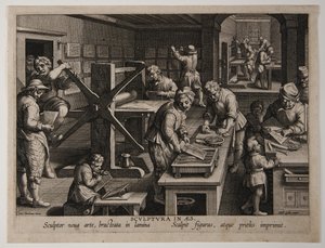 Die Erfindung der Kupferstichgravur, ca. 1591