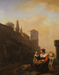 Ein Bauer und zwei Kinder ruhen vor einem Turm in Italien