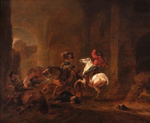 Banditen überfallen Reisende auf einem Pfad zwischen Ruinen, ca. 1635-50 von Philips Wouwermans or Wouwerman