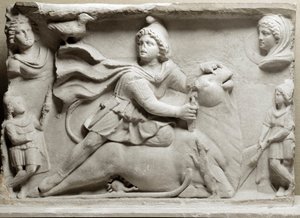 Zivilisation der Phönizier: Opferszene, die die Gottheit Mithra darstellt, die den Stier opfert. 2. oder 3. Jahrhundert n. Chr. Marmorrelief. Paris, Louvre Museum von Phoenician Phoenician