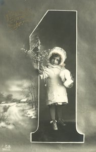 Neujahrskarte mit kleinem Mädchen in einer Pelzkapuze