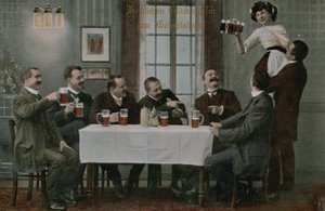 Postkarte von Deutschen, die Bier trinken und Spaß mit der Kellnerin haben, gesendet 1913