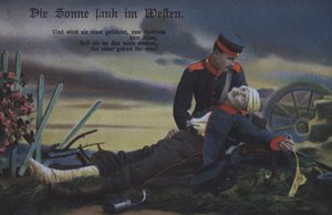 Die Sonne ging im Westen unter: ein deutscher Soldat tröstet seinen sterbenden Kameraden auf dem Schlachtfeld