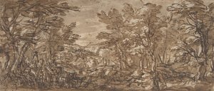 Waldszene, ein Halt links, eine Jagd in der Mitte, 1612-66