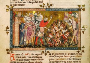 Verbrennung der Juden im Jahr 1349. Miniatur aus: Tractatus quartus von Gilles de Muisit, ca. 1353 von Pierart dou Tielt