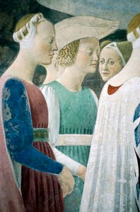 Detail aus Die Legende vom Wahren Kreuz, zeigt die Anbetung des Holzes und das Treffen der Königin von Saba und König Salomo von Piero della Francesca