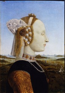 Porträt von Battista Sforza aus den Paarporträts von Federico da Montefeltro und seiner Frau, dem Herzog und der Herzogin von Urbino, 1472 von Piero della Francesca