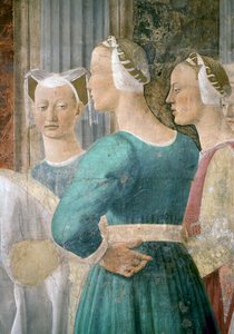 Die Legende vom Wahren Kreuz, die Königin von Saba verehrt das Holz des Kreuzes (Detail) von Piero della Francesca